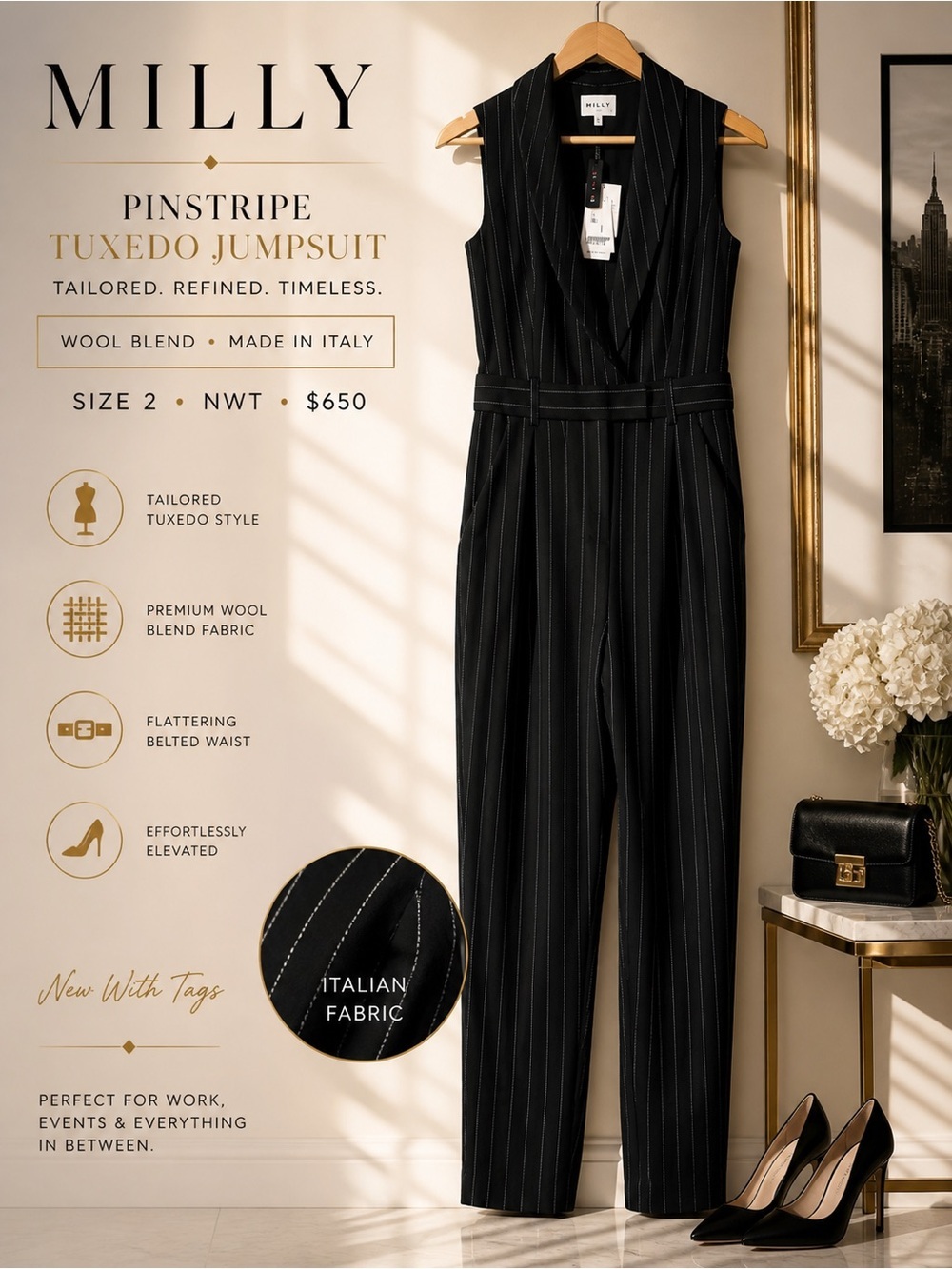 Milly Black Pinstripe Tuxedo Jumpsuit Wool Blend Belted Size 2 NWT